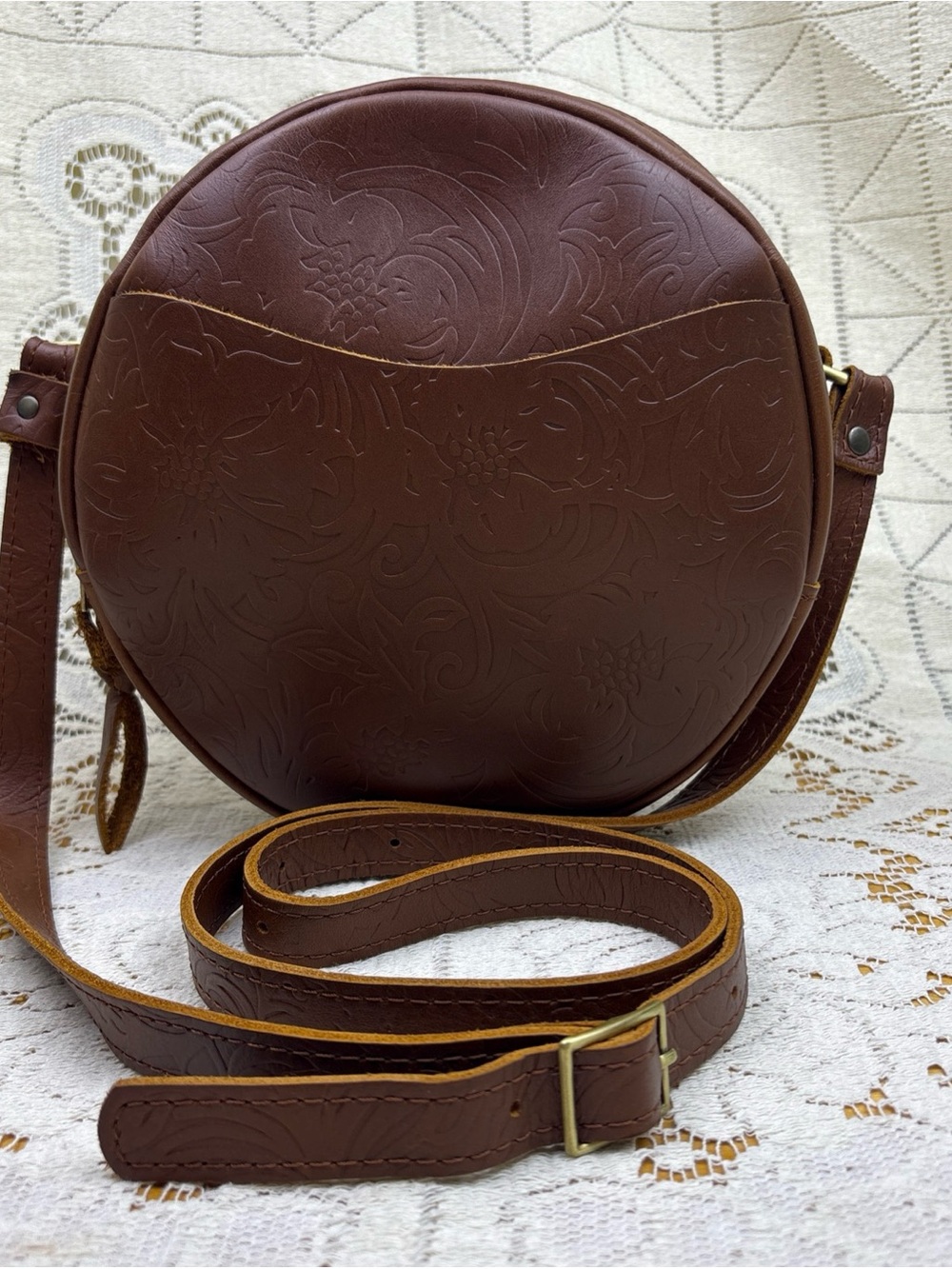 Portland Leather Goods Large 9” Circle Crossbody Bag Embossed Brown Meadow